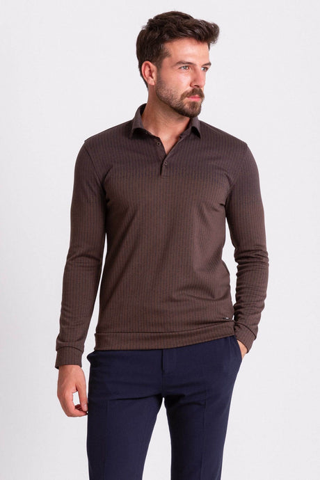 Striped Piece Ecru Color Slim Fit Long Sleeve Polo Collar Men's T-shirt 36667.21k