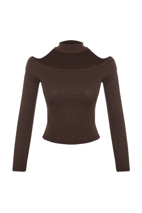 Brown Carmen Collar Choker Detailed Fitted/fitted Crop Ribbed Knitted Blouse Twoaw22bz0531