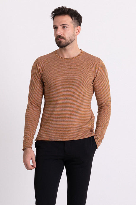 Striped Camel Color Slim Fit Long Sleeve Crew Neck Men's Sweater 11333.20k