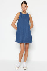 Dark Blue Pleated Denim Dress Twoss23el01942