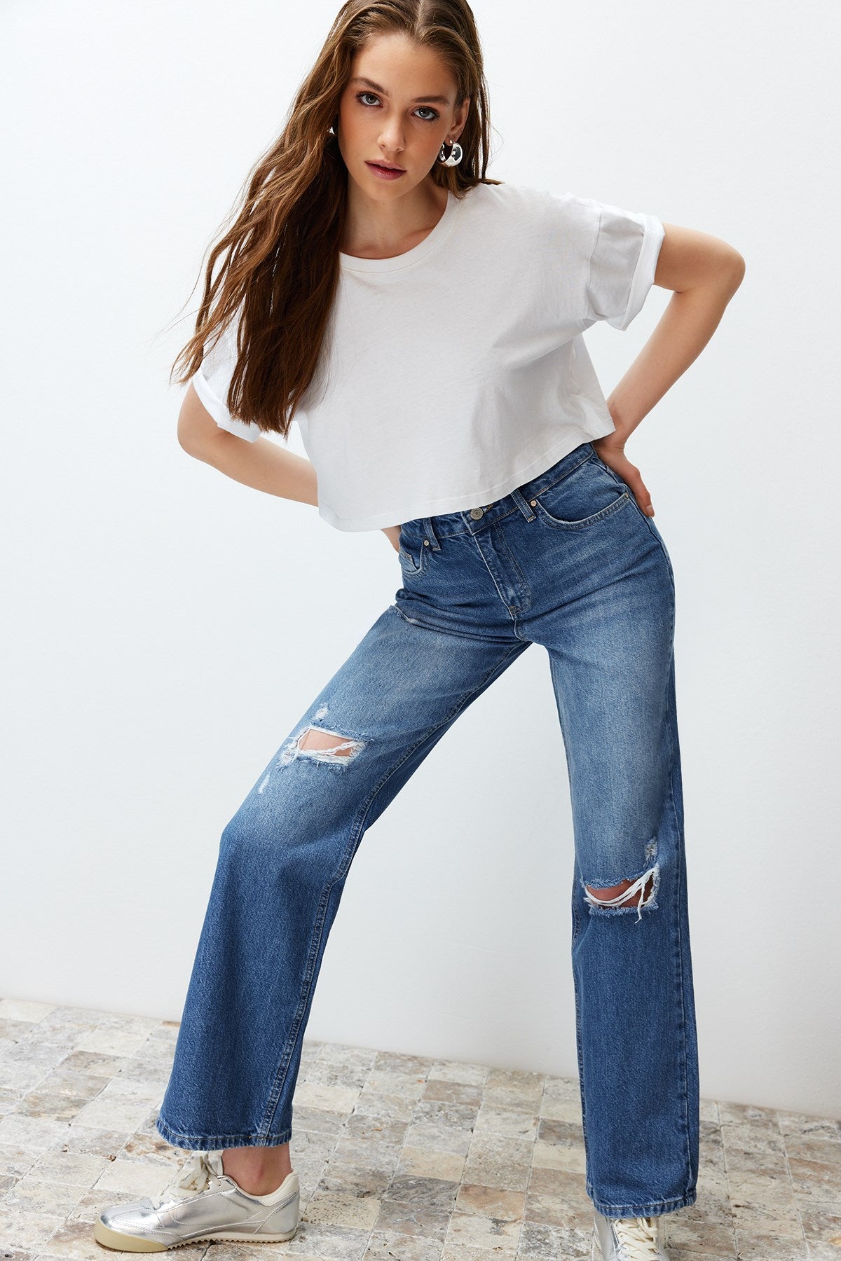 Blue Ripped High Waist Wide Leg Jeans Twoss24je00199