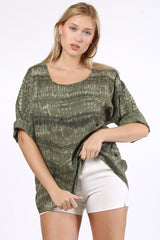 Italian Army Green Round Neck 3/4 Sleeve Patterned Linen Knitted Blouse M10010200bl93291