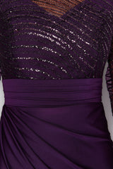 Purple Tulle Detailed Knitted Elegant Evening Dress Tprss24ae00103