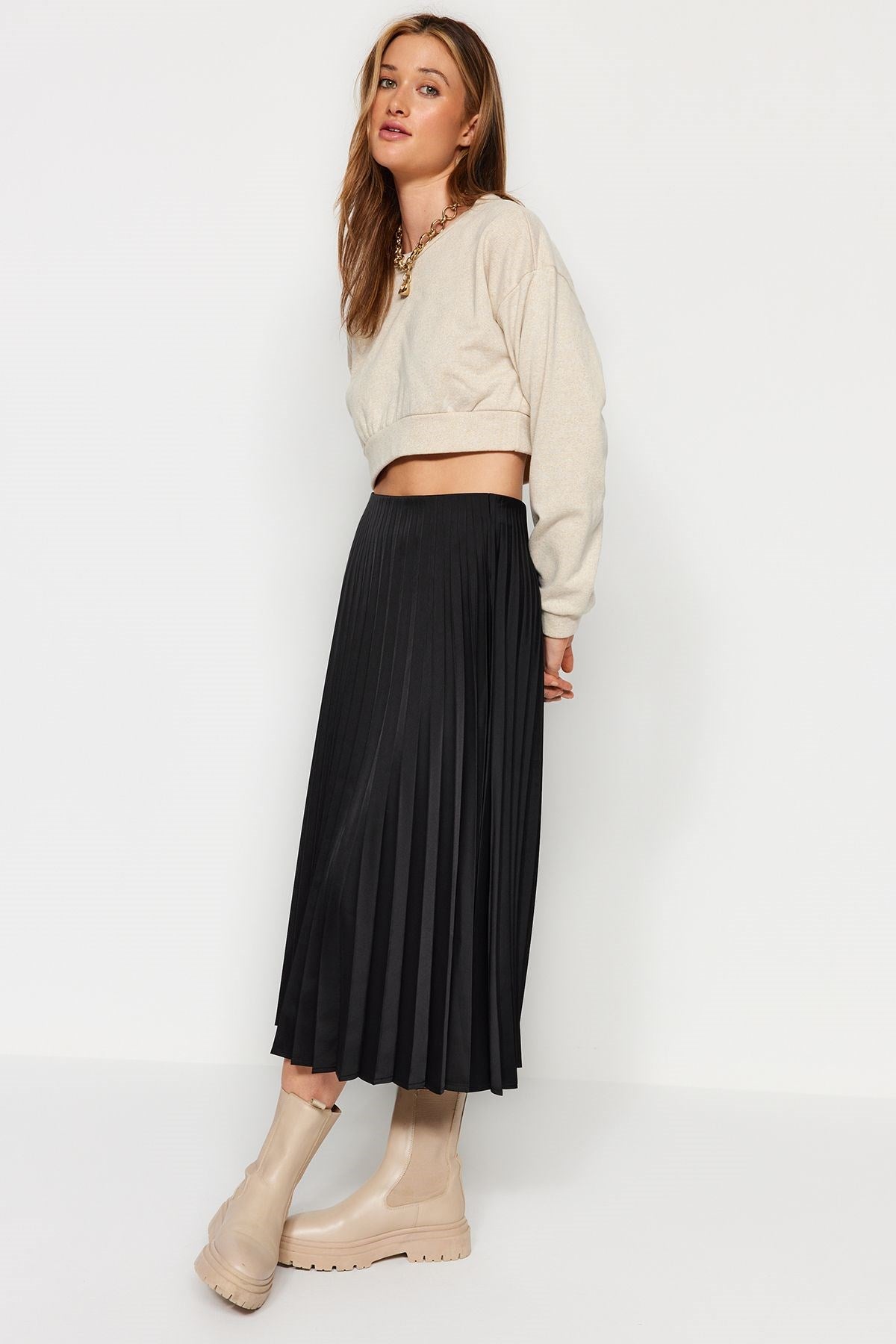 Black Pleated Satin Midi Woven Skirt Twoaw24et00359