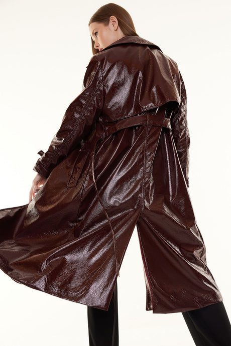 Burgundy Oversize Wide Cut Patent Leather Trench Coat Twoss24tr00022