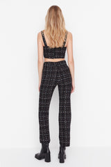 Black High Waist Cigarette Tweed Checkered Woven Pants Twoaw23pl00046