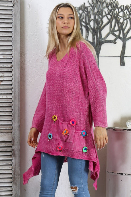 Pink V Neck Spanish Sleeve Pocket Embroidered Knitwear Asymmetric Tunic M10010500tn99549