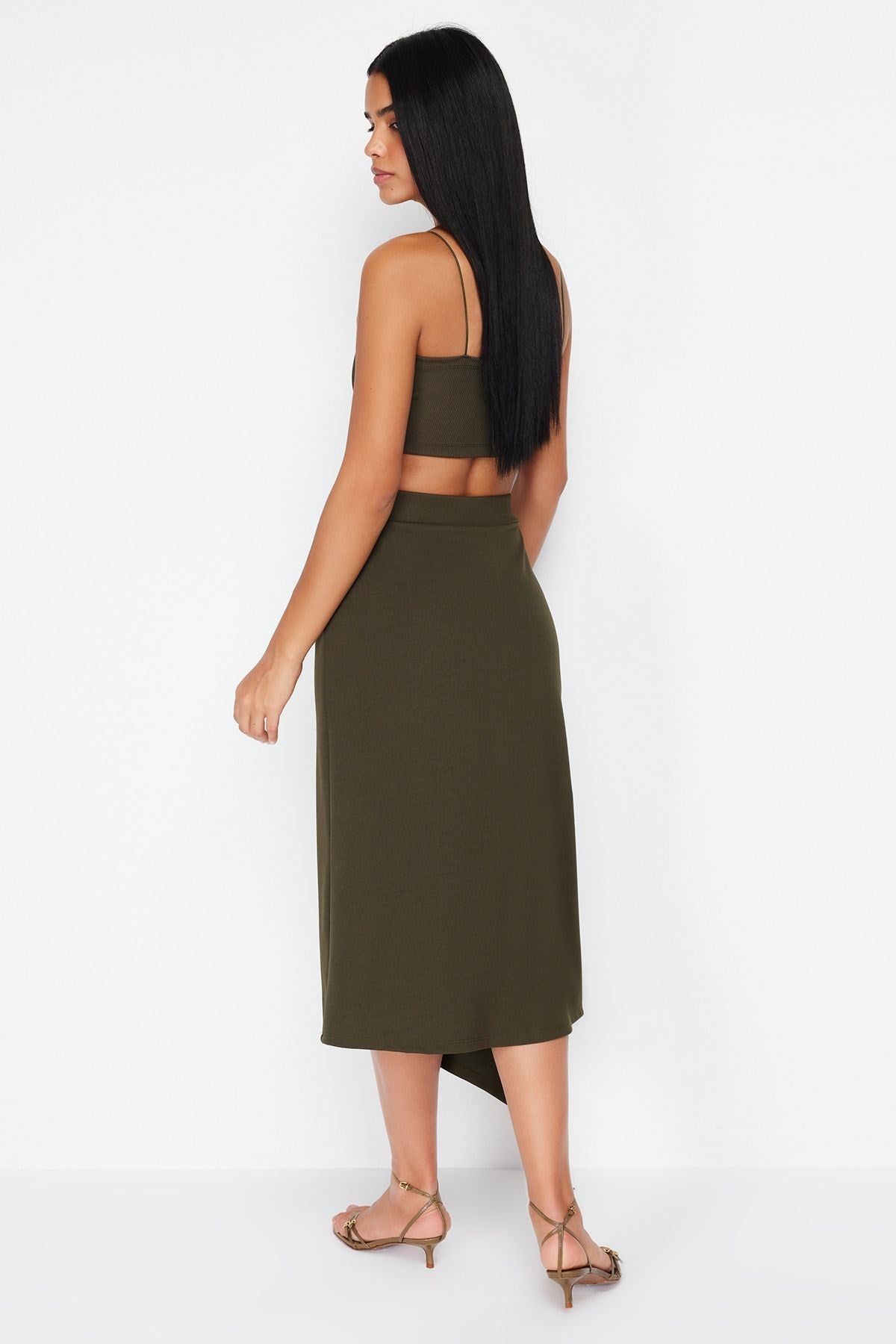 Khaki Asymmetric Cut And Slit Detail Maxi Skirt Twoss24et00043