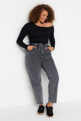 Black High Waist Elastic Waist Mom Jeans Tbbaw23je00002