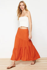 Cinnamon Muffle/textured Flared Maxi Ruffle Flexible Knitted Skirt Twoss24et00090