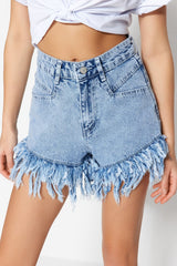 Light Blue Fringed Denim Shorts & Bermuda Twoss23sr00164