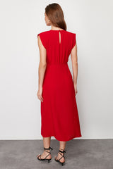 Red A Cut Crew Neck Sleeveless Aerobin Midi Woven Dress Twoss24el00601