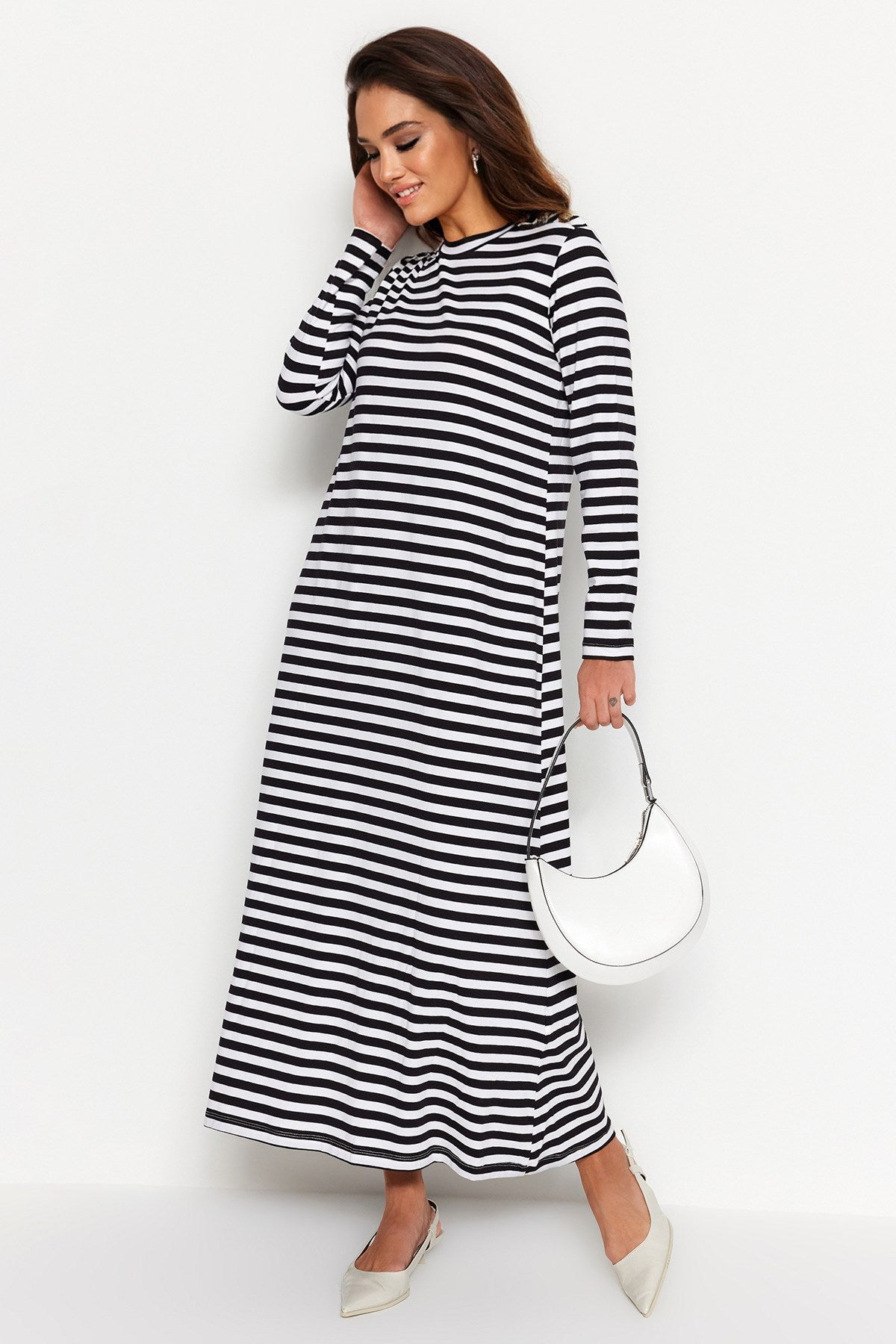 White Shoulder Button Detailed Knitted Dress Tctss23eb00291