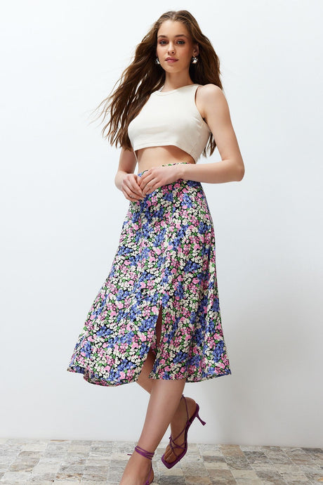 Tile Slit Detailed Floral Pattern Viscose Fabric Midi Woven Skirt Twoss20et0230