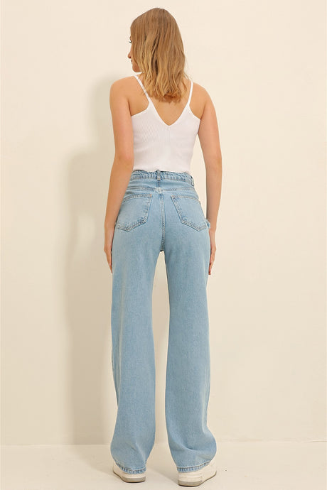 Women's Dark Blue High Waist 5 Pocket Washed Palazzo Jeans Pants Alc-x11304