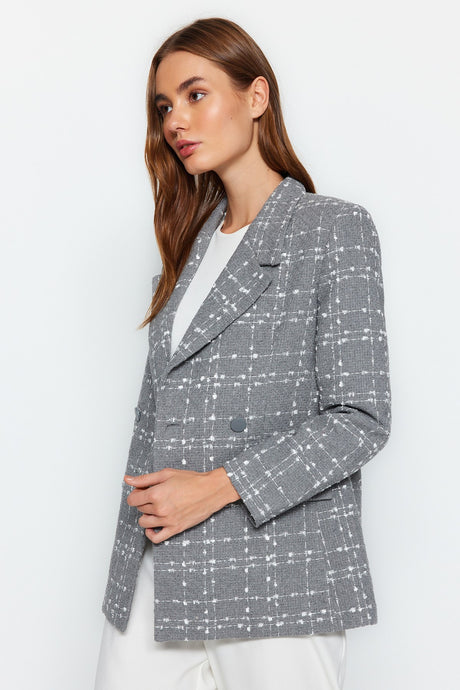 Black Tweed Regular Woven Plaid Blazer Jacket Twoaw21ce0105