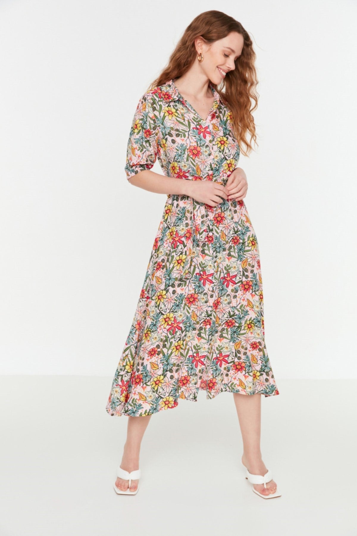 Green Floral Pattern Belted Midi Woven Viscose Shirt Dress Twoss20el1559