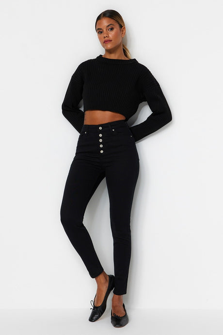 Faded Black Front Button High Waist Skinny Jeans Twoaw24je00090