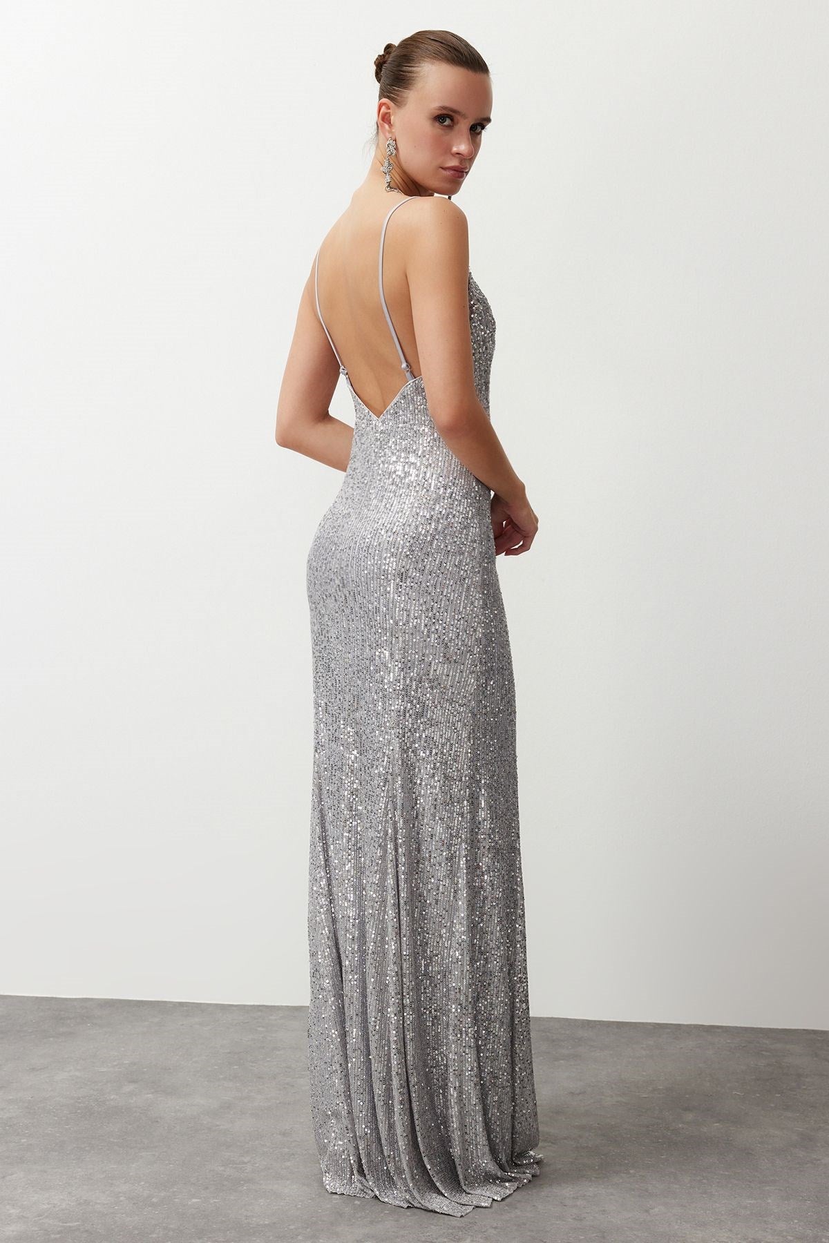 Grey Sequin Long Night Evening Dress Tprss24ae00036