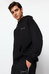 Black Men's Oversize Hooded Rubber Leg Embroidered Interlining Soft Feather Cotton Tracksuit Tmnaw24