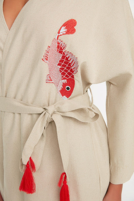 Red Lobster Embroidered Linen Beach Kimono&beach Kaftan Tbess20km0051