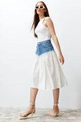 Blue Color Block High Waist Midi Denim Skirt Twoss24et00142