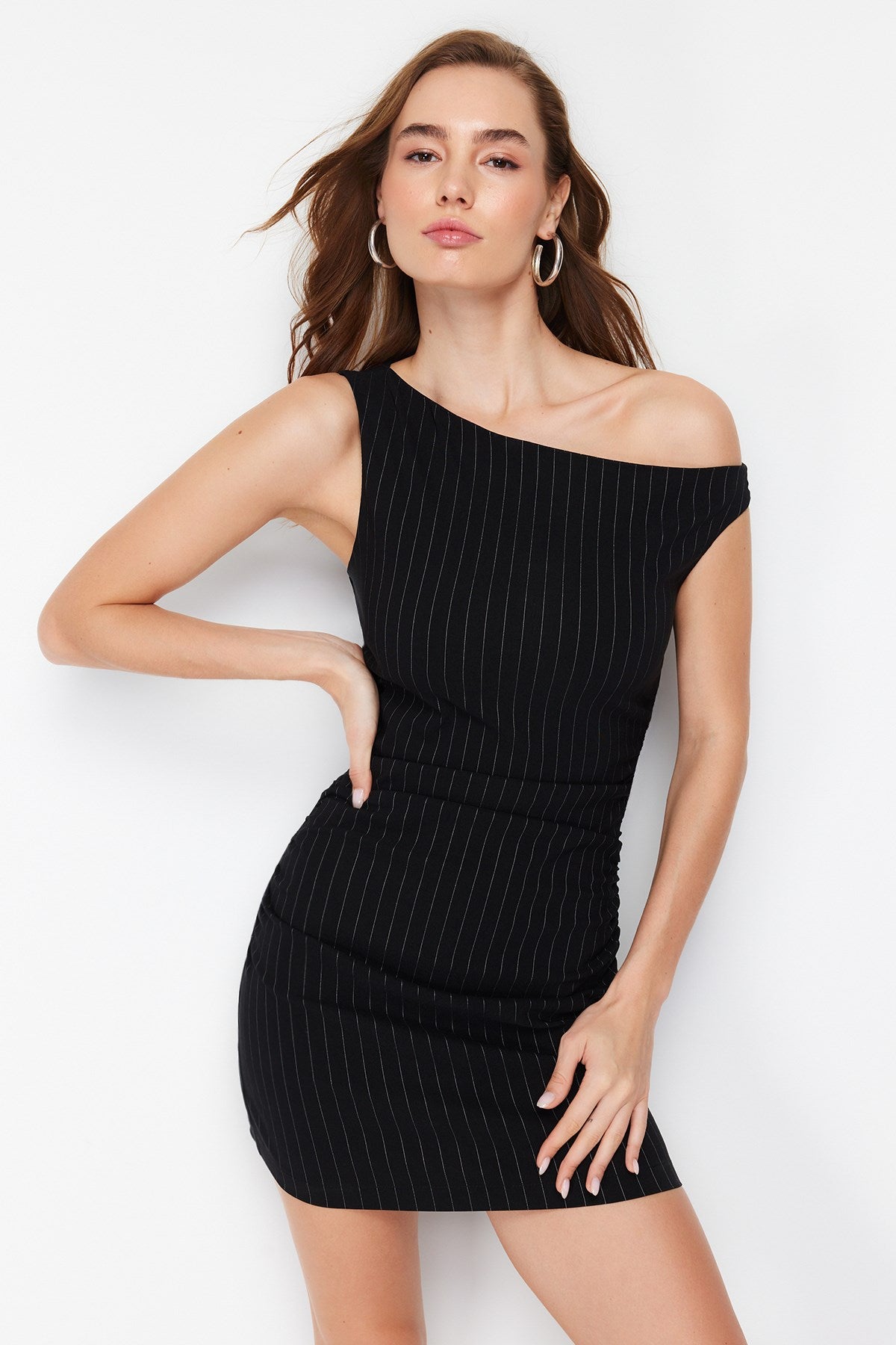 Black One Shoulder Mini Striped Flexible Mini Woven Dress Twoss24el00231