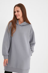 Grey Hooded Pocket Scuba Knitted Wide Mold Oversize Sweatshirt Tctaw22tw0151