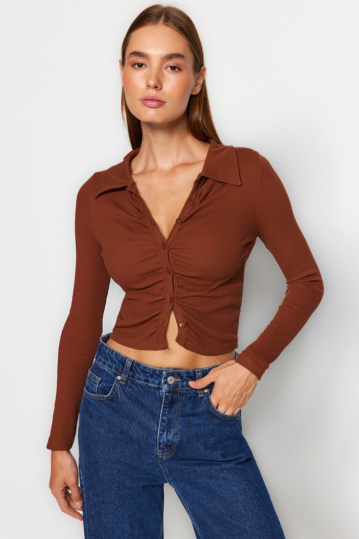 Brown Fitted/body Fitting Crop Polo Collar Ribbed Cotton Stretch Knit Blouse Twoaw23bz00130