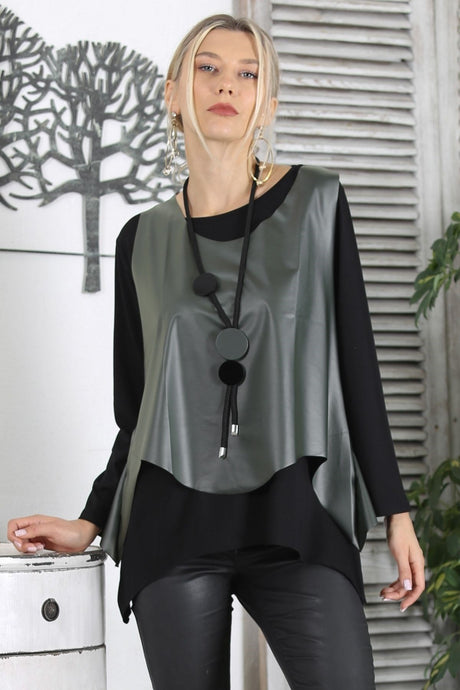 Black-green Round Neck Long Sleeve Triple Set Necklace Wide Cut Knitted Asymmetric Blouse M10010200b