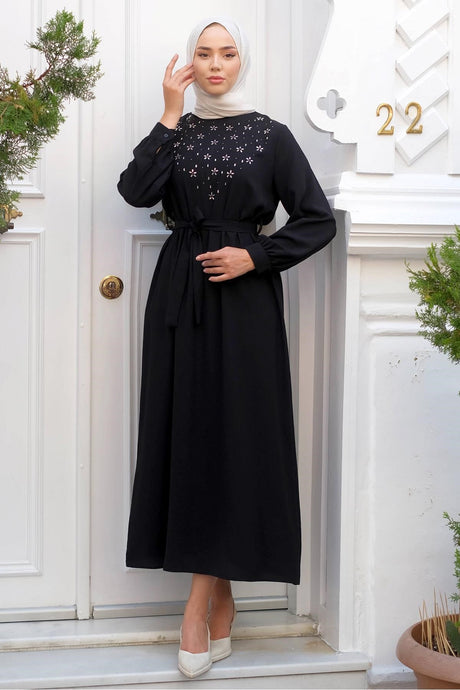 Stone Embroidered Belted Dress Brown Hm2220