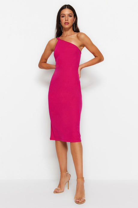 Fuchsia One Shoulder A-line Midi Smart Crepe Strappy Knitted Dress Twoss23el02303