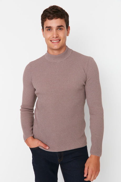 Brown Men's Fitted Slim Fit Half Turtleneck Ribbed Knitwear Sweater Tmnaw21kz0568