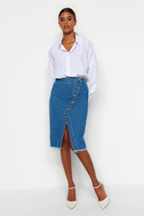 Blue Button Detailed Slit Midi Denim Skirt Twoss20et0494