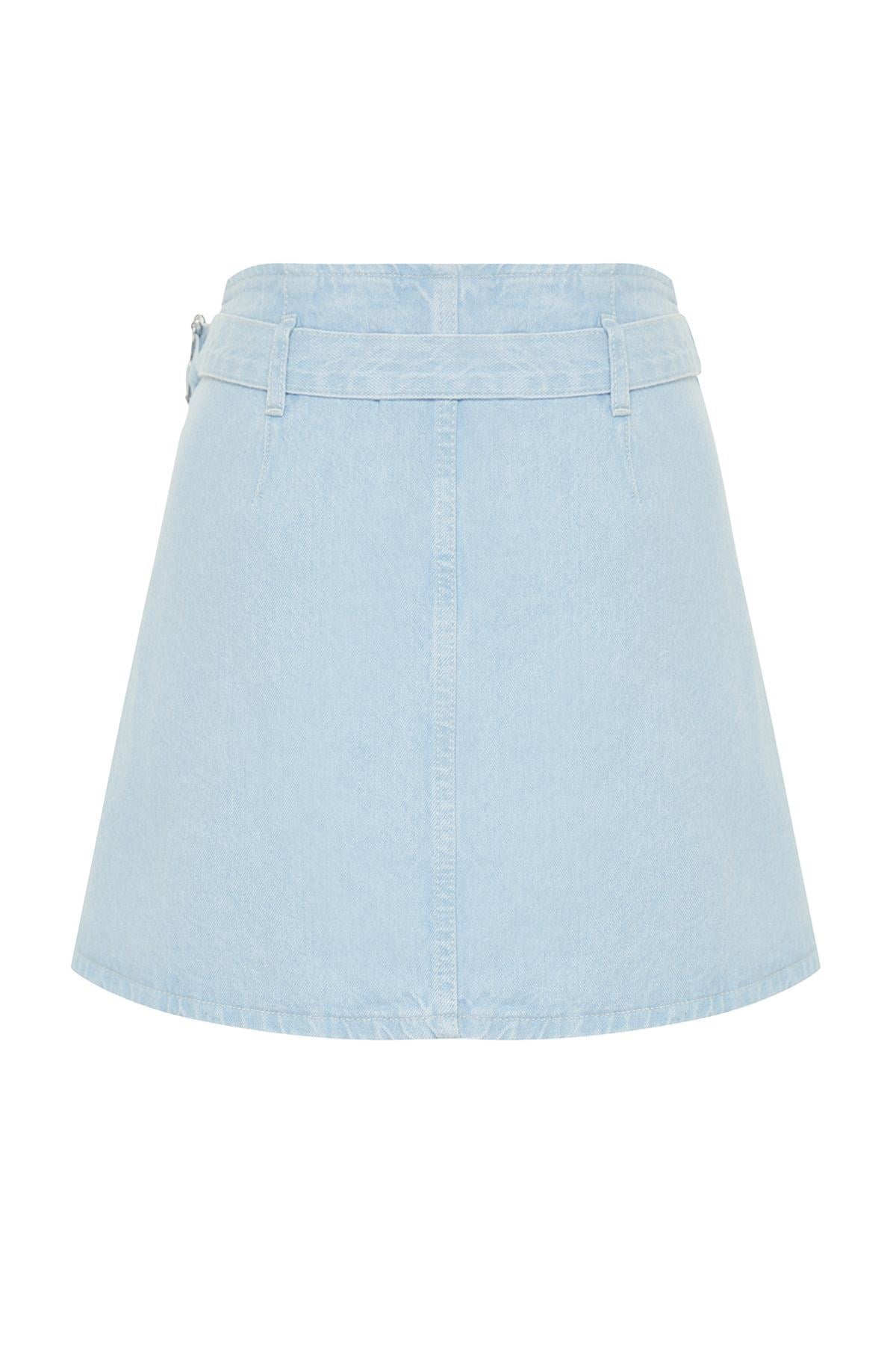 Light Blue Buckle Detailed Tire High Waist Mini Denim Skirt Twoss24et00061