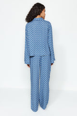 Powder Heart Pattern Drawstring Detailed Shirt-pants Woven Sleepwear Set Thmaw22pt0300