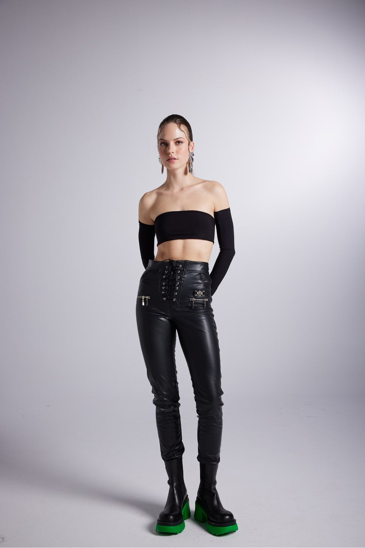 Eyelet Detailed Chunky Vegan Leather Rebel Pants With Zipper Black Hlrebelpants