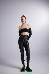 Eyelet Detailed Chunky Vegan Leather Rebel Pants With Zipper Black Hlrebelpants