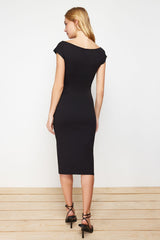 Black Boat Neck Body Fit Cotton Flexible Knitted Midi Pencil Dress Twoss24el00021