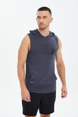 Men's Blue Cotton Plain Printed Pocket Hooded Sleeveless Casual Sports Zero Sleeve Athlete T-shirt T