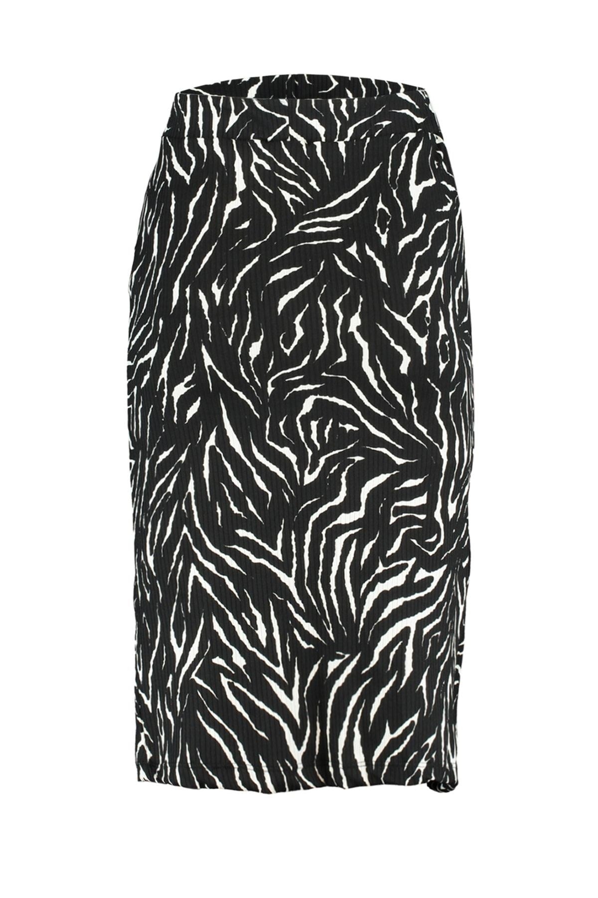 Black Printed Ruffle And Slit Fitted/body-fitting High Waist Mini Knit Skirt Twoaw22et0401