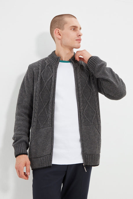 Anthracite Men's Slim Fit Knit Detailed Zipper Pocket Knitwear Cardigan Tmnaw21hi0349