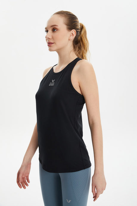 Women's Black Soft Textured Quick Drying Performance Solid Color Sportsman Zero Sleeve Sports Athlet