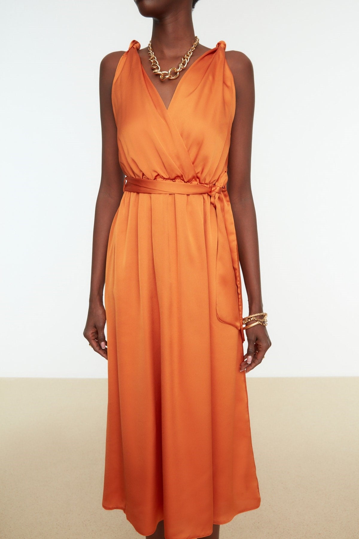 Orange Belted Woven Satin Elegant Evening Dress Tprss22ae0047 Tprss19bb0283