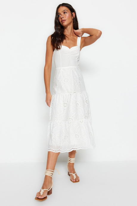 White Slit Midi Lined Embroidery Woven Dress Twoss23el00156