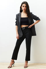 Black Belted Cigarette Pattern Woven Pants Twoss24pl00081