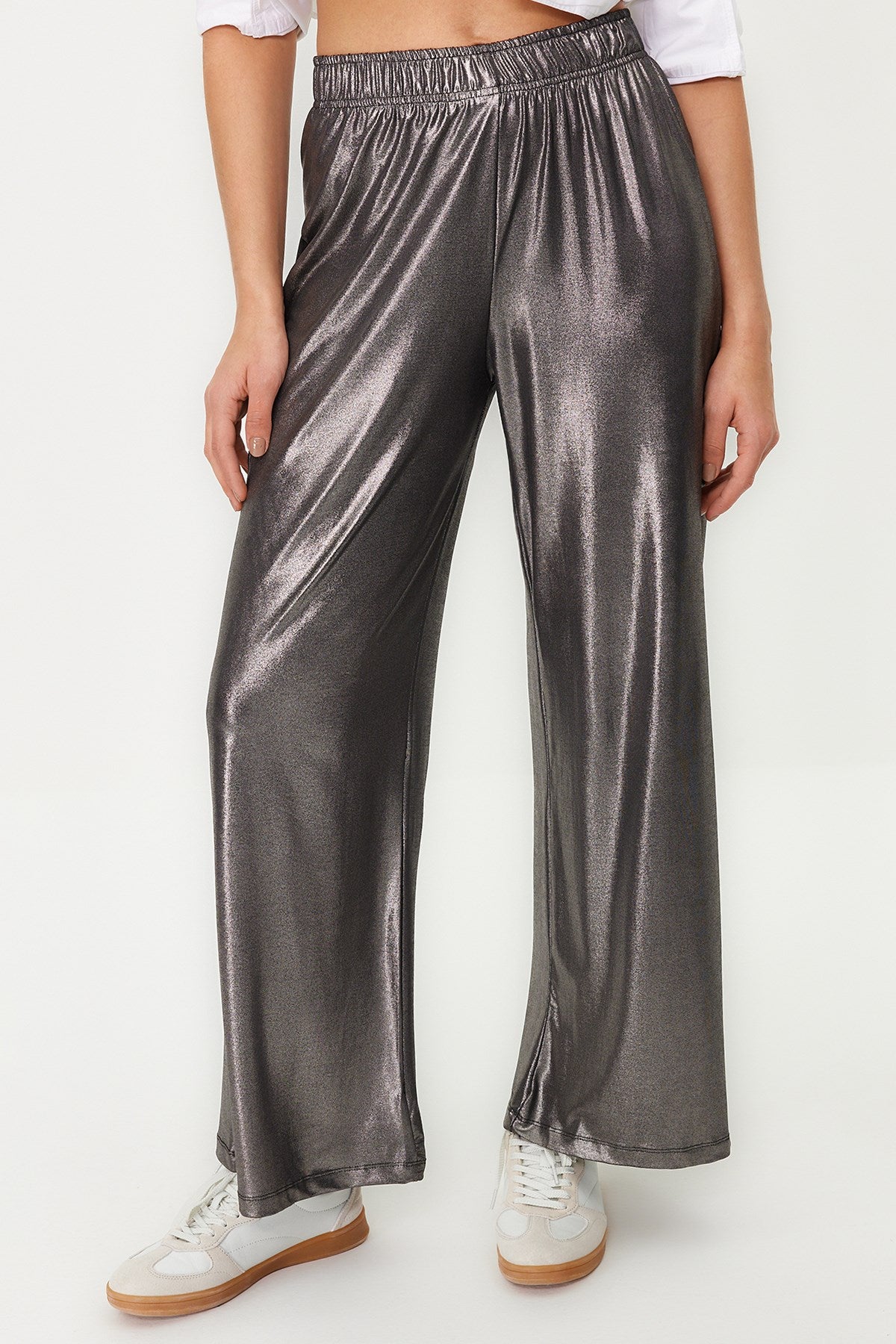 Anthracite Foil Printed Wide Leg/wide Cut Flexible Knit Pants Twoss24pl00031