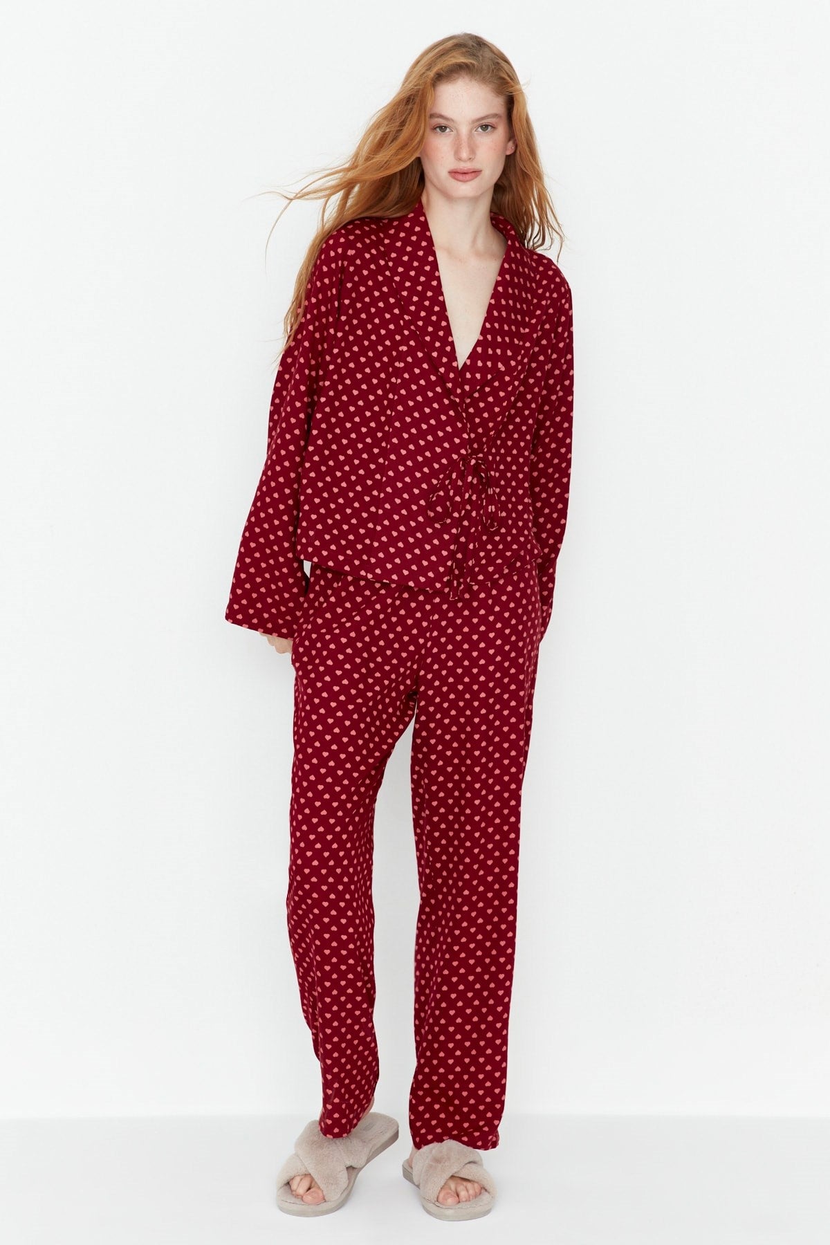 Powder Heart Pattern Drawstring Detailed Shirt-pants Woven Sleepwear Set Thmaw22pt0300