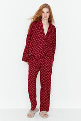 Powder Heart Pattern Drawstring Detailed Shirt-pants Woven Sleepwear Set Thmaw22pt0300