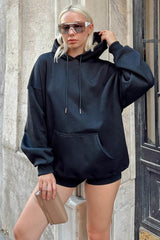 Black Oversized Hoodie Kangaroo Pocket Inner Polar Women Sweatshirt 23752